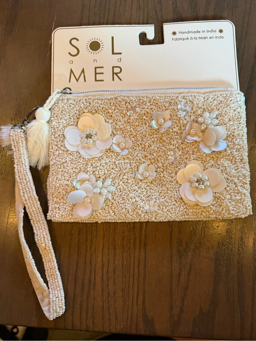VIRAL Sol and Mer Ivory Beaded Wristlet 3D Floral Sequin and Pearl Embellishment
